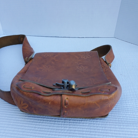 Tooled Leather Purse Messenger Bag Handmade Shoulder Bag Brown 10"x9.5" Floral - Picture 5 of 12